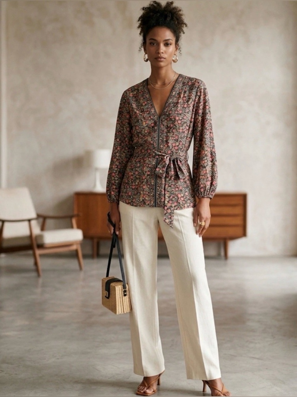 NEW MAX STUDIO XS Floral Print Tie-Waist Blouse BALLOON SLEEVE CINCHED WAIST